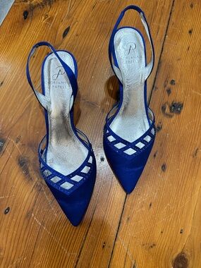 Adrianna Papell Cobalt Blue Pointed Slingback Kitten Heels with Lattice Cutouts